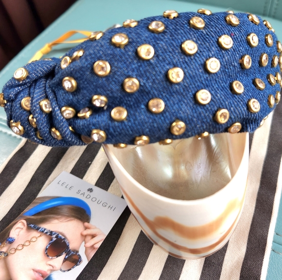 LELE SADOUGHI Dark Indigo Blue Jean Rhinestones Glitz Top Knot Denim Headband OS - Picture 6 of 8